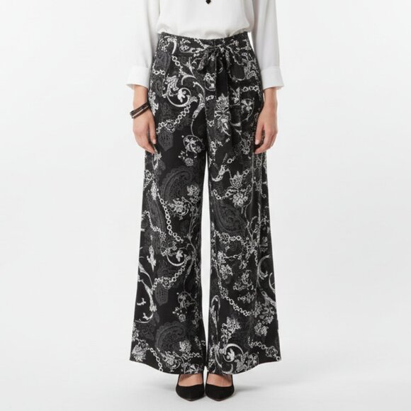 EST 1948 Black & White Floral Chain Print Belted Palazzo Wide Leg Pants XS NEW - Picture 1 of 7